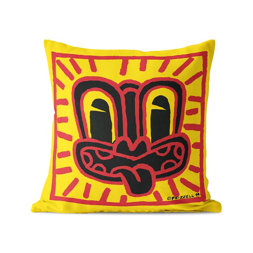 Dick Frizzell square cushion in yellow with black and red design.