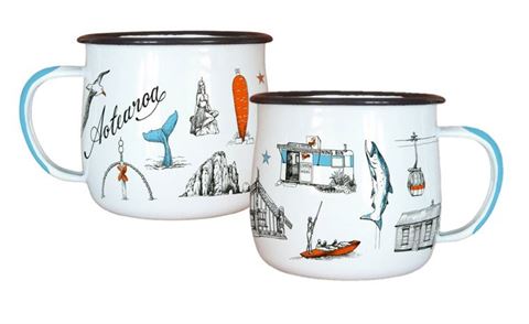 Pair of enamel mugs with Aotearoa NZ icons designs.