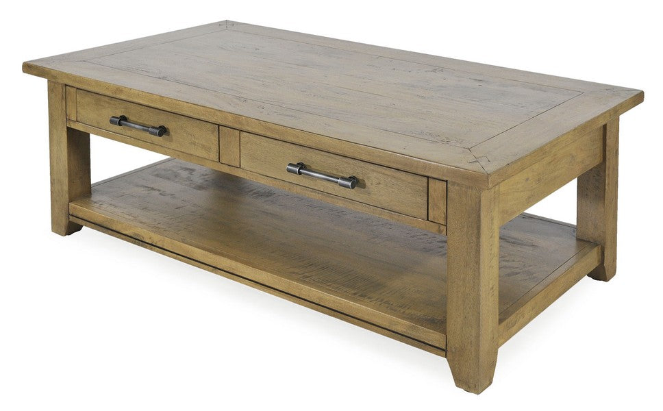 Large wooden coffee table with two drawers underneath the top and a lower shelf.