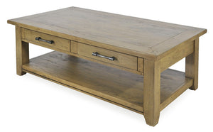Large wooden coffee table with two drawers underneath the top and a lower shelf.