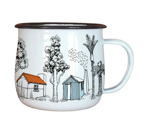 Enamel mug with hut and tree designs.