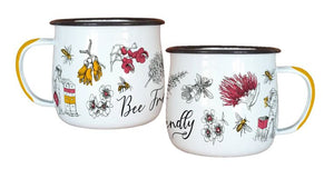 Pair of enamel mugs with bee and flower design.