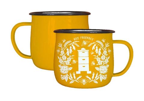 Pair of enamel mugs in mustard yellow colour and bee, hives and plants design.