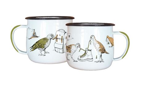 Pair of enamel mugs with bird and tramper items designs.