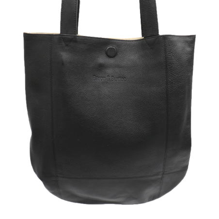 Black leather handbag with shoulder straps.