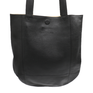 Black leather handbag with shoulder straps.