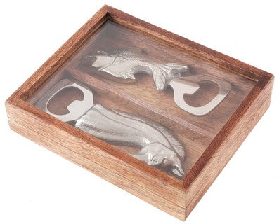 Two aluminium bottle openers, one with fish design handle, one with horse head design. Stored in a decorative box with glass cover.