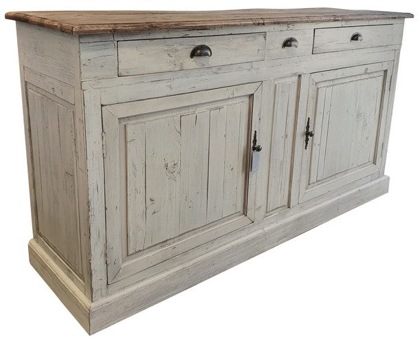 Sideboard unit painted distressed white with a natural top. Has two cupboards and three drawers.