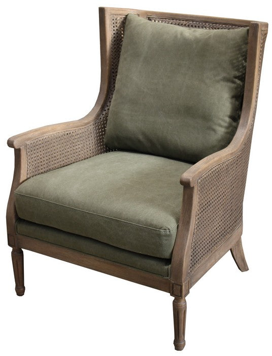 Occasional chair with rattan detail and olive-coloured upholstery.
