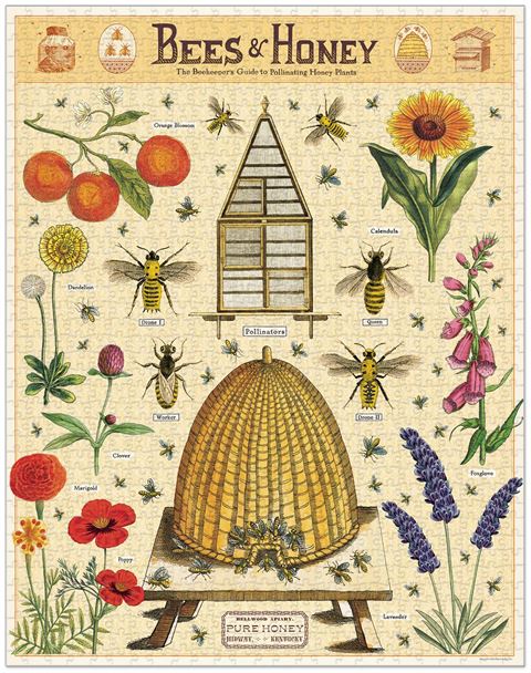 1000 piece jigsaw puzzle featuring hive, bees, plants.