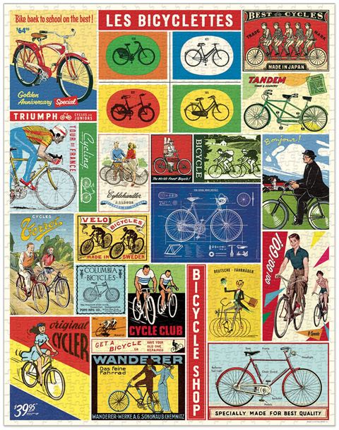 1000 piece jigsaw puzzle featuring multiple types and styles of Bicycle 