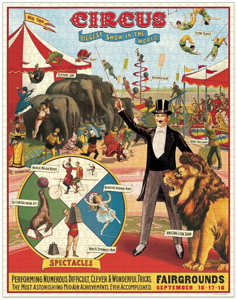 1000 piece jigsaw featuring a circus Big Top and circus performers.