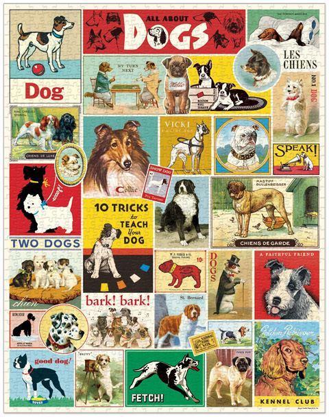 1000 piece jigsaw puzzle featuring illustrations of multiple species of dogs.