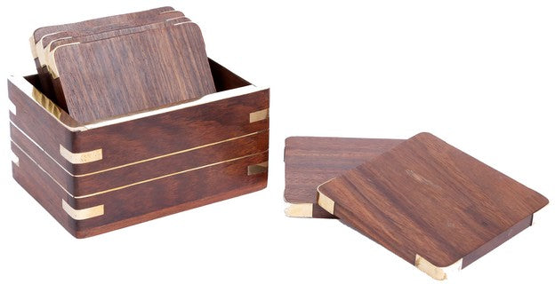 Square wooden coaster set in presentation box, with metal detailing
