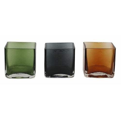 Three glass tea lights, green, grey and amber coloured