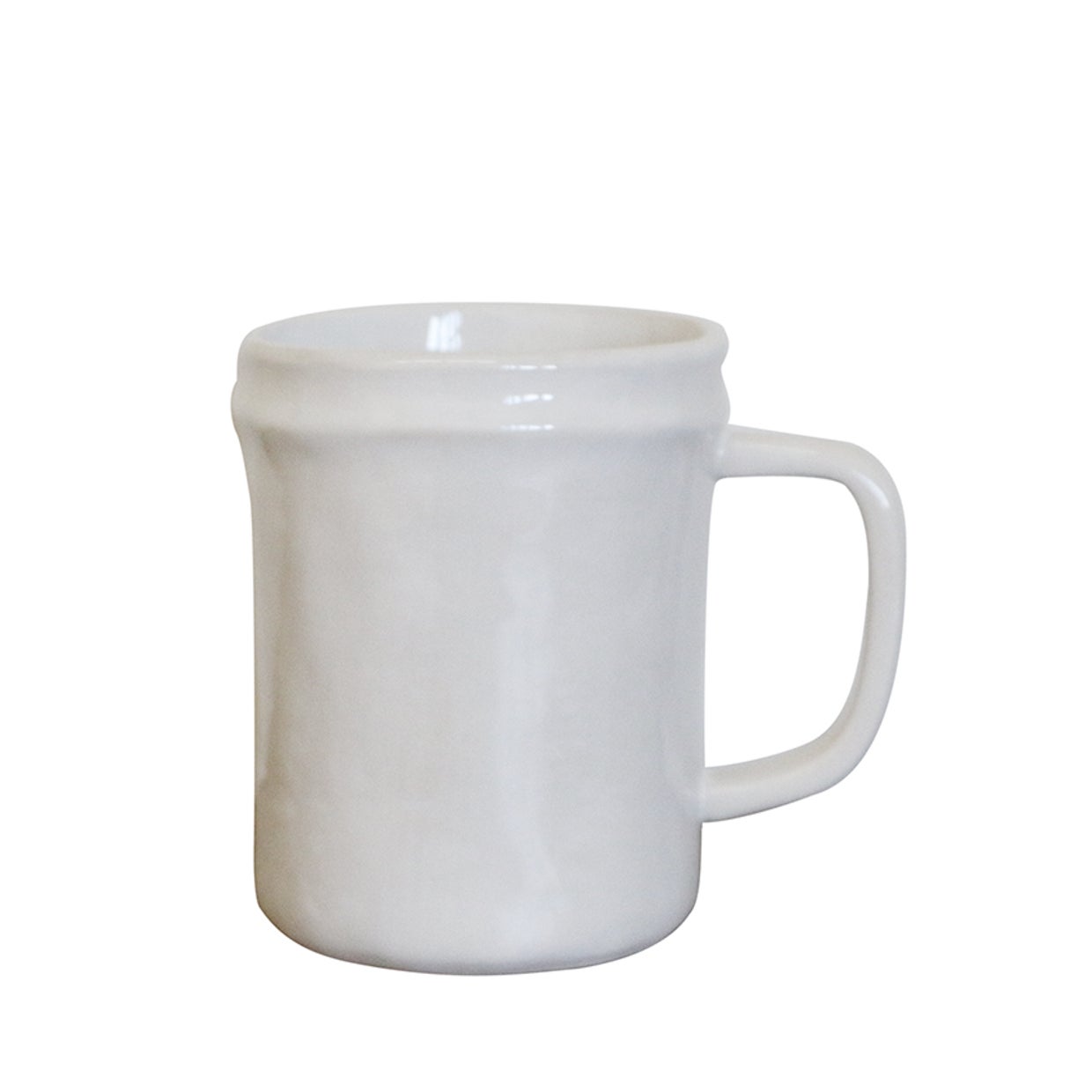White stoneware mug with ridged detail around the lip