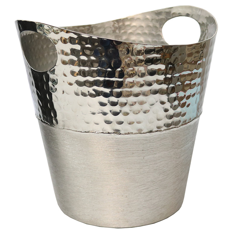 Wine cooler bucket with curved top edge and two handles. Two-tone silver colour with upper part in relief design.