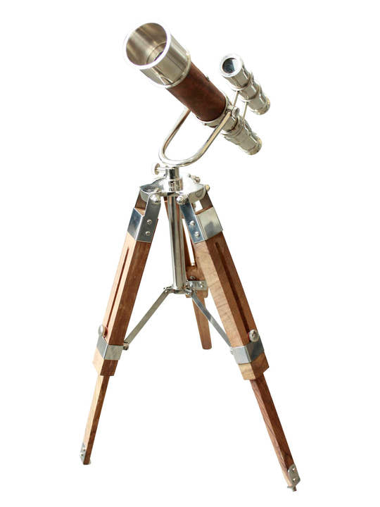 Metal and wood desktop telescope with tripod stand. Adjustable.