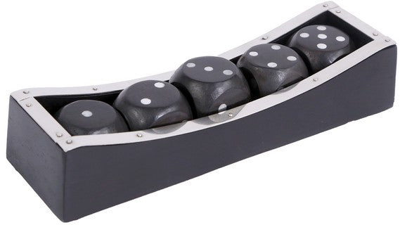 Five wooden dice in wooden display storage box with chrome trim.