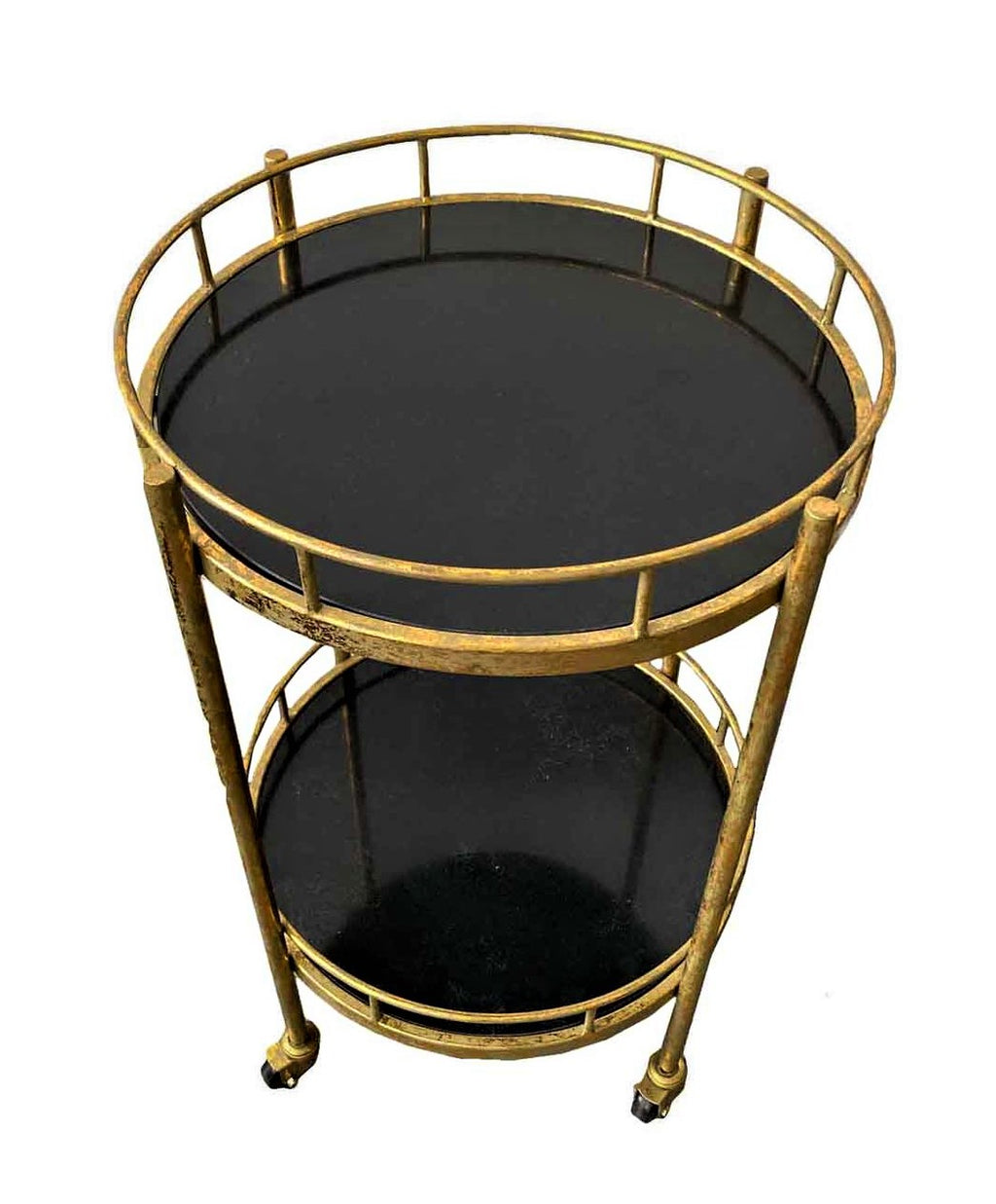 Drinks trolley with two tray levels and casters. Black trays with gold coloured edging.