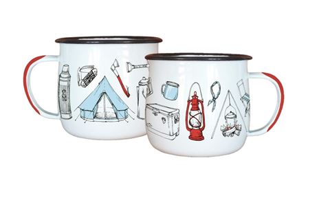 Pair of enamel mugs with glamping icons designs.