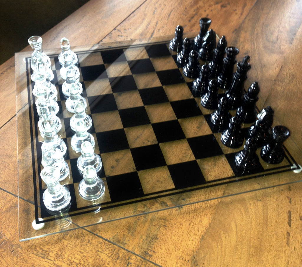 Chess set in glass.