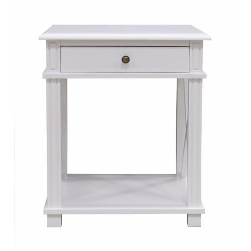 Hampton Bedside White 1 Drawer with cross side detail and base shelf.