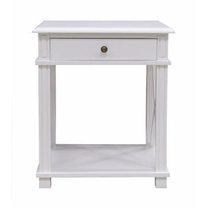 Hampton Bedside White 1 Drawer with cross side detail and base shelf.