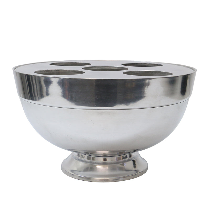 Circular aluminium wine bowl with sections to hold five wine bottles. 