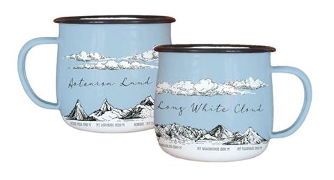 Pair of enamel mugs in pale blue colour with white coloured clouds and mountains designs.