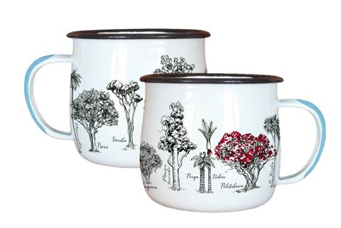 Pair of enamel mugs with multiple trees designs.