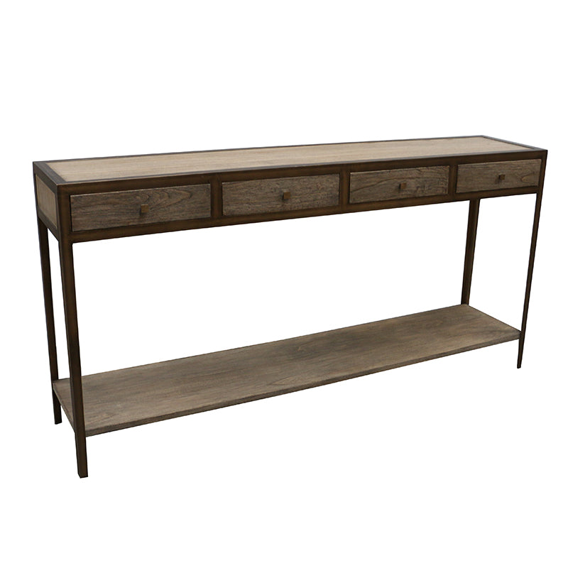 Four drawer console long table with lower shelf in wood.