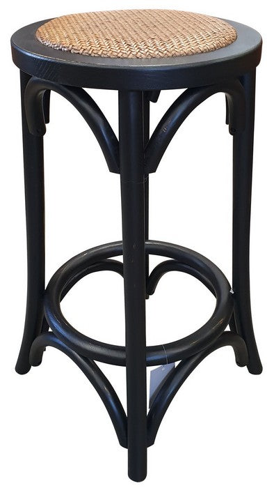 Black coloured oak bar stool with rattan covered seat