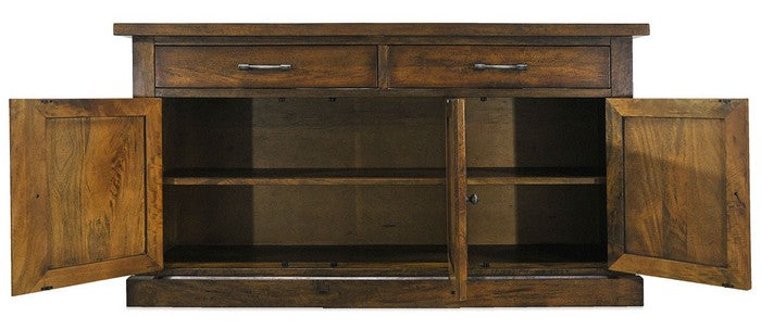 THIS BEAUTIFUL BOSQUET 3 DOOR/2 DRAWER BUFFET IS A GREAT OPTION TO ADD CHARACTER AND TEXTURE INTO YOUR HOME. COMING WITH A RUSTIC  WALNUT FINISH, THIS CABINET SHOWS OFF THE WONDERFUL GRAIN AND WARMNESS OF THE WOOD, COMPLIMENTED BY METAL HANDLES.