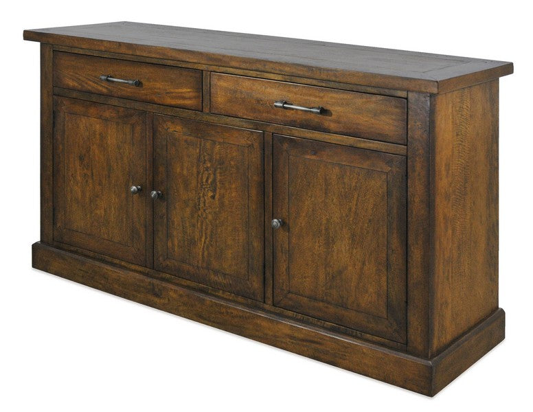 THIS BEAUTIFUL BOSQUET 3 DOOR/2 DRAWER BUFFET IS A GREAT OPTION TO ADD CHARACTER AND TEXTURE INTO YOUR HOME. COMING WITH A RUSTIC  WALNUT FINISH, THIS CABINET SHOWS OFF THE WONDERFUL GRAIN AND WARMNESS OF THE WOOD, COMPLIMENTED BY METAL HANDLES.