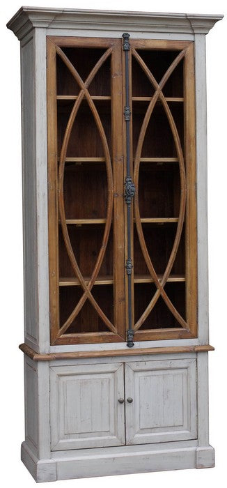 Upright cabinet in washed pine. Two cupboards below large display shelves that are fronted with two lockable glass doors.