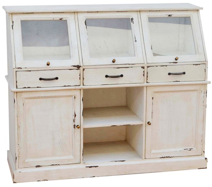 Distressed white coloured buffet unit with two cupboards,  three drawers and three display units at the top,