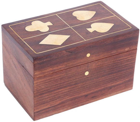 Wooden box with lid, featuring card suits detail on the top.