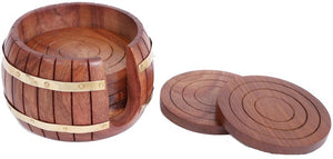 Coaster set in wood, contained in wooden barrel shaped storage holder..