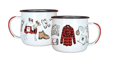 Pair of mugs with tramping icons designs.