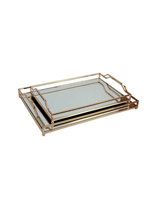 Rectangle shaped serving trays with glass and gold coloured metal edges with handles.