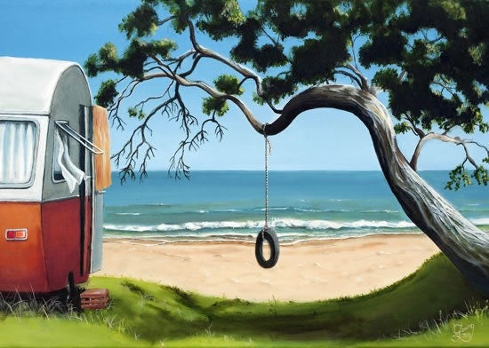 Art print showing beach scene including caravan and a tyre swing hanging from a tree