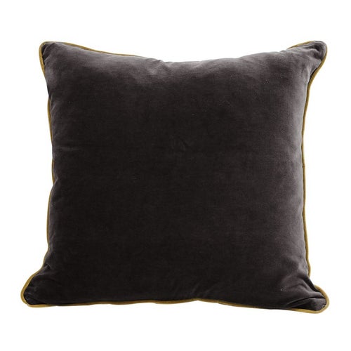 Black coloured velvet cushion with gold coloured piping around