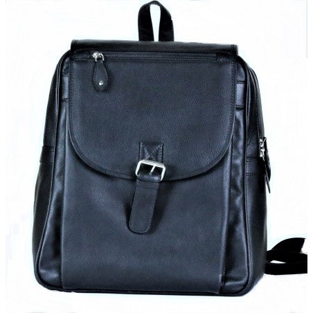 Black leather backpack with buckled front fold and straps