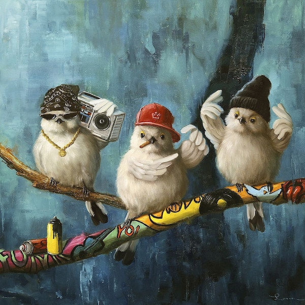 Print of artwork showing three birds with hats a portable stereo and painted tree branch