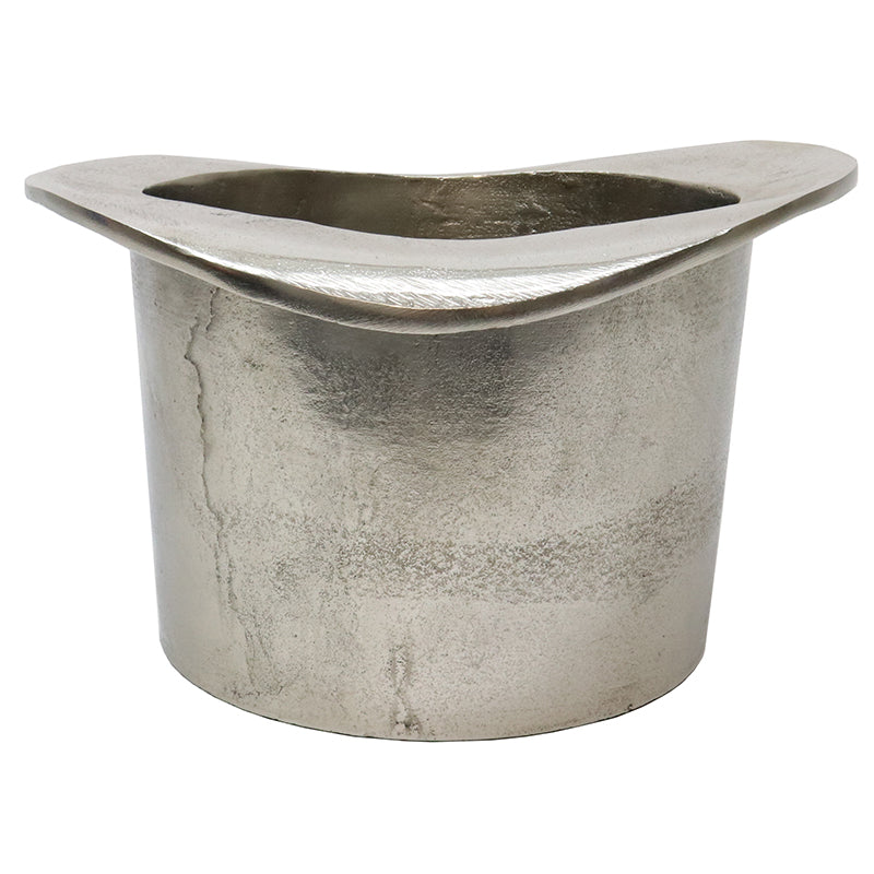 Raw silver coloured wine cooler in upside down hat design.