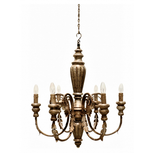 Brass coloured hanging chandelier with six ornate arms holding candle-size lightbulbs.