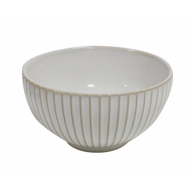 White coloured bowl with stripe detail on outside.